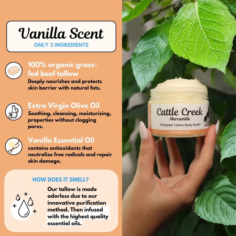 Cattle Creek Mercantile's Whipped Tallow Body Butter in a glass jar, made from 100% grass-fed beef tallow, providing deep hydration and nourishment for healthy skin.