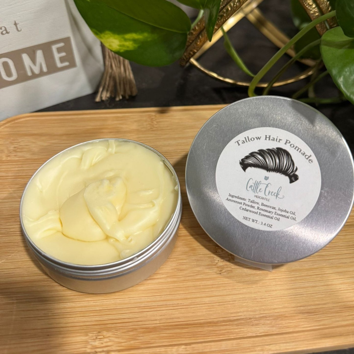 Cattle Creek Mercantile's Hair Pomade, crafted with 100% grass-fed beef tallow, offering natural hold and shine for various hairstyles
