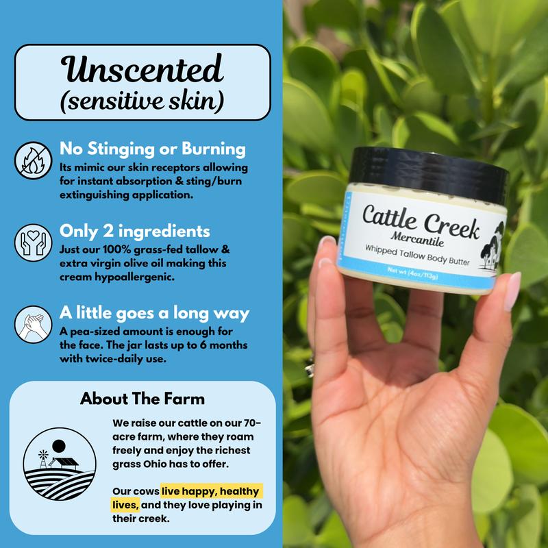 Cattle Creek Mercantile's Whipped Tallow Body Butter in a glass jar, made from 100% grass-fed beef tallow, providing deep hydration and nourishment for healthy skin.