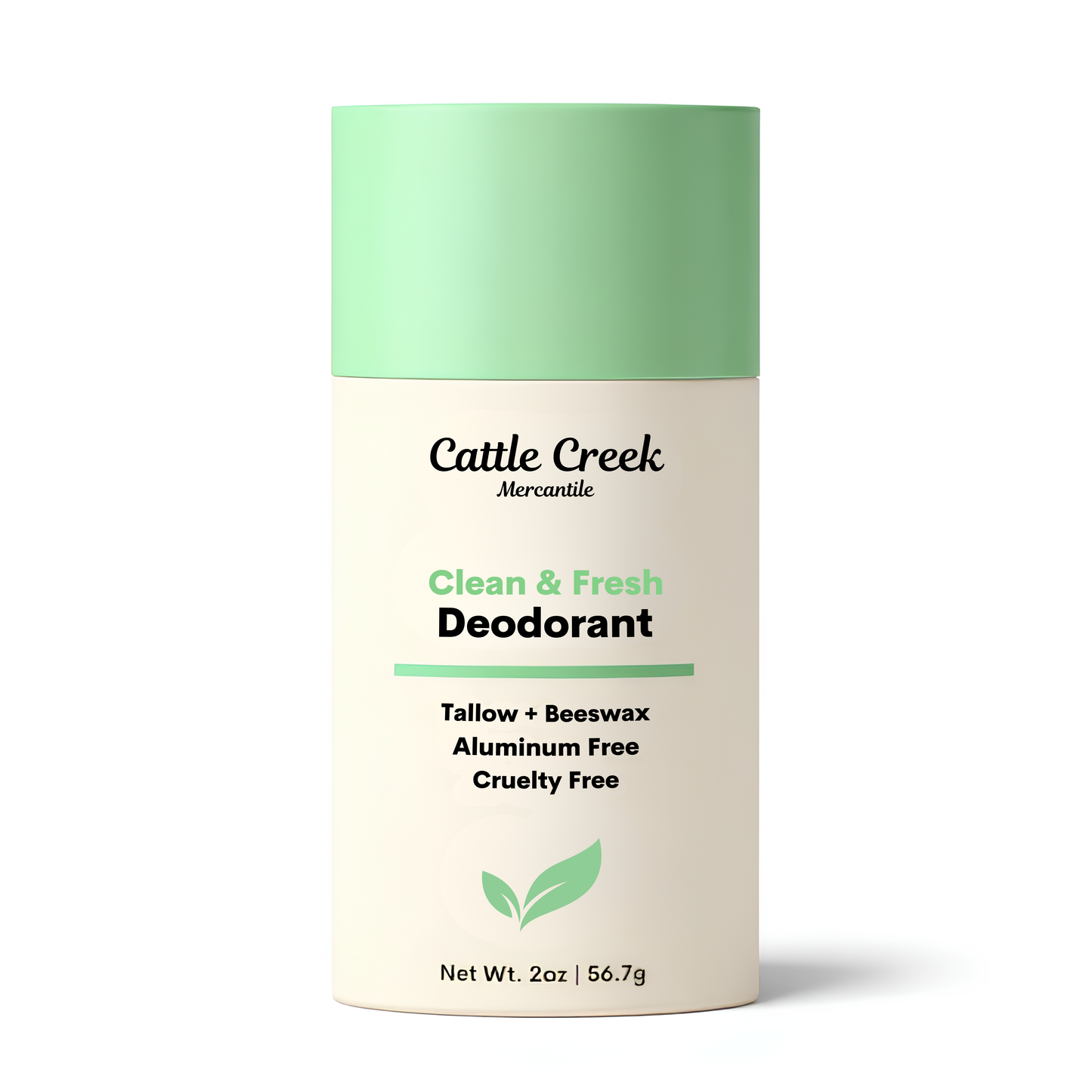 Cattle Creek Mercantile deodorant tube with green cap and white body on a white background